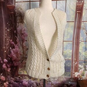 M/L Vintage Ivory Open Knit Button Front Sweater Vest